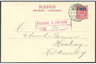 10 øre 1. Zone helsagsbrevkort annulleret med tysk stempel Norburg *(Alsen)* d. 3.6.1920 til Hamburg. 