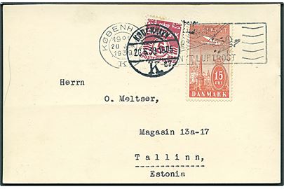 15 øre Luftpost på underfrankeret brevkort fra København d. 20.6.1939 til Tallinn, Estland. Postalt opfrankeret med 5 øre Bølgelinie stemplet København d. 20.6.1939. 