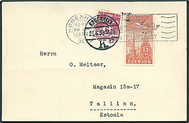 15 øre Luftpost på underfrankeret brevkort fra København d. 20.6.1939 til Tallinn, Estland. Postalt opfrankeret med 5 øre Bølgelinie stemplet København d. 20.6.1939. 