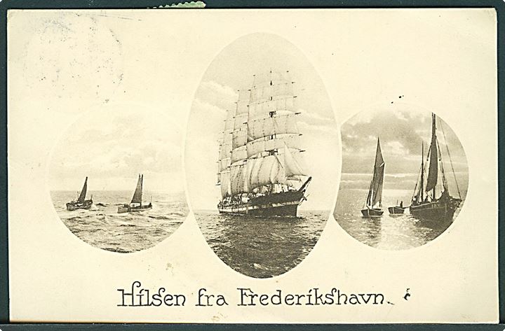 7 øre Chr. X på underfrankeret brevkort (Hilsen fra Frederikshavn med skibe) stemplet Frederikshavn d. 13.7.1919 til Stockholm, Sverige. Påsat grøn Lösen etiket og udtakseret i svensk porto med 1 öre Tre Kroner og 5 öre Gustaf anvendt som portomærker.