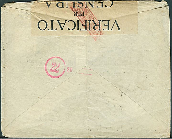 20 øre Chr. X single på brev fra Kjøbenhavn d. 3.4.1917 til Paris, Franskrig. Mærket Forretningspapirer. Brevet åbnet af italiensk censur - mystisk forsendelsesvej. Lidt nusset.