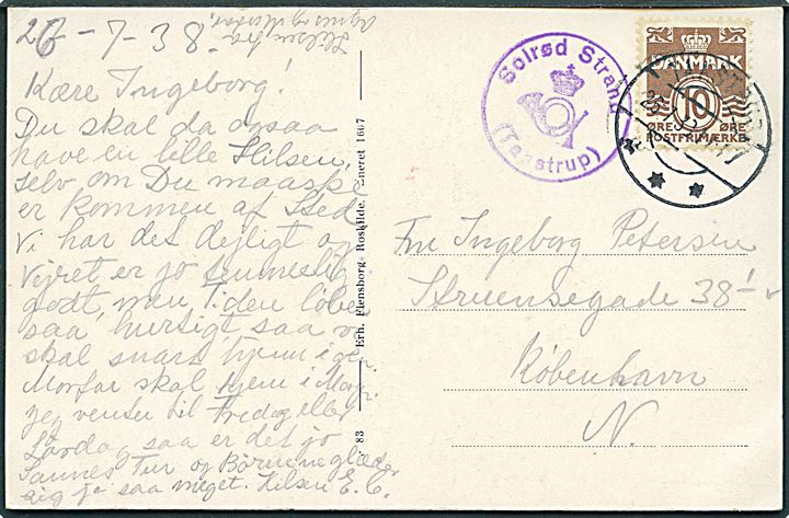 10 øre Bølgelinie på brevkort (Ved Aaen, Solrød Strand) annulleret Taastrup d. 26.7.1938 og sidestemplet med posthornstempel Solrød Strand (Taastrup) til København.
