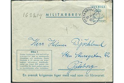 Militärbrev stemplet Postanstalten 1025* (= Karlskrona) d. 20.11.1943 til Göteborg. Sendt fra soldat ved Marinepost 2500 (= KA 2 Depå Blekinge kustartilleriförsvar).