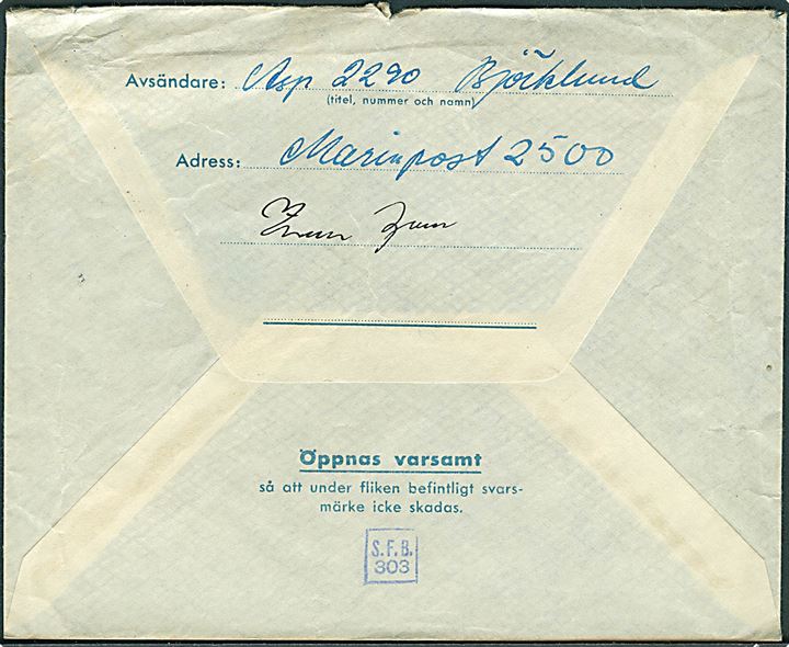 Militärbrev stemplet Postanstalten 1025* (= Karlskrona) d. 20.11.1943 til Göteborg. Sendt fra soldat ved Marinepost 2500 (= KA 2 Depå Blekinge kustartilleriförsvar).