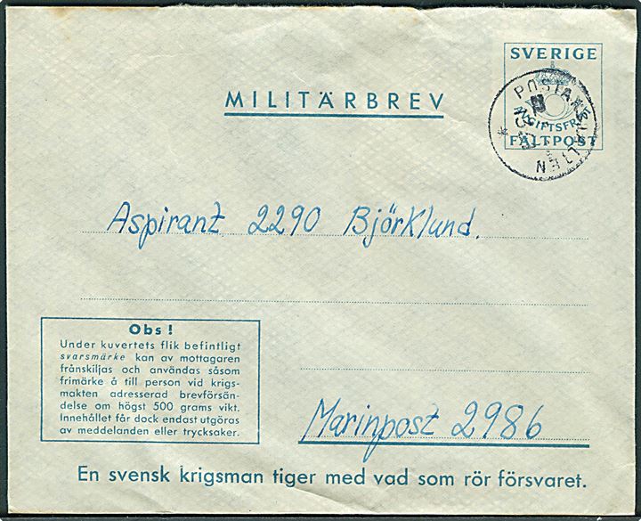 Militärbrev annulleret Postanstalten 1361* (= Oscar Frederiksborg) d. 22.5.1943 til soldat ved Marinepost 2986 (= Stockholms kustartilleriförsvar II. luftvärnsdivisionen 1. 75 mm lvkanbatt).