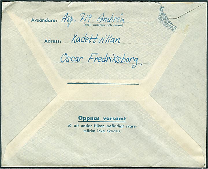 Militärbrev annulleret Postanstalten 1361* (= Oscar Frederiksborg) d. 22.5.1943 til soldat ved Marinepost 2986 (= Stockholms kustartilleriförsvar II. luftvärnsdivisionen 1. 75 mm lvkanbatt).