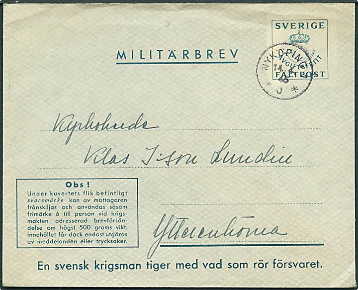 Militärbrev stemplet Nyköping *J* d. 14.4.1945 til Ytterenhörna. Fra soldat ved Marinepost 3161.