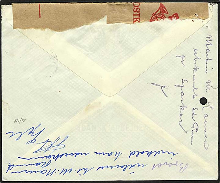20 øre rød Fr. IX på brev fra Sjørslev d. 22.9.1949 til Sparkjær. På bagsiden påskrevet: Brevet udleveret til M. Hansen indhold ham ubekendt. Lukket med fortrykt postalt papirtape og returneret.