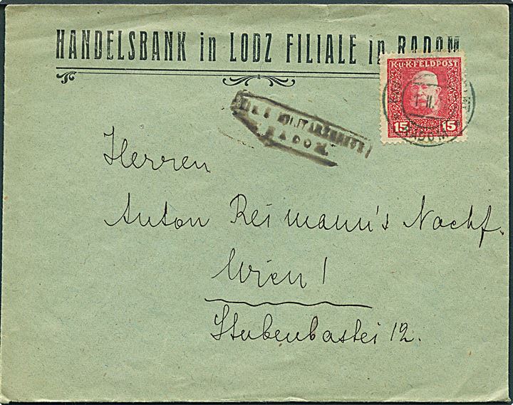 15 h. K.u.K. Feltpost udg. på brev fra Radom stemplet K.u.K. Feldpostamt Radom d. 1.2.1918 til Wien, Østrig. Rammestempel fra den lokale K.u.K. militærcensur i Radom.