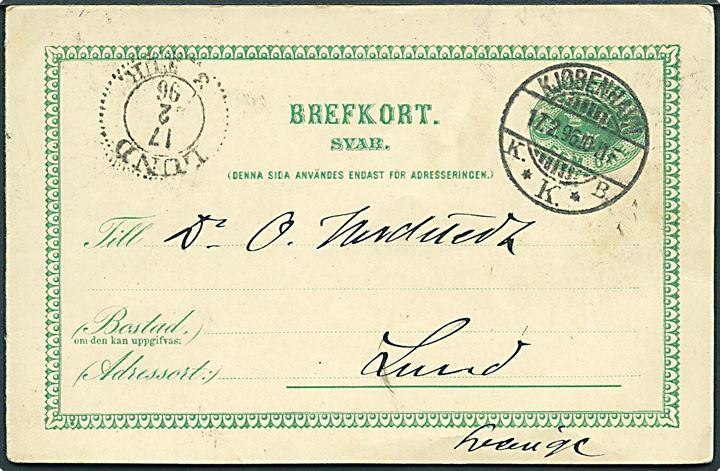 5 öre svardel af dobbelt helsagsbrevkort anvendt i Danmark med dansk brotype Ia Kjøbenhavn d. 17.2.1896 til Lund, Sverige.