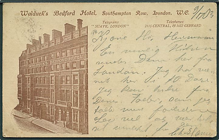 Walduck's Bedford Hotel, Southampton Row, London. W. C. Reklamekort. Uden adresselinier. U/no. 