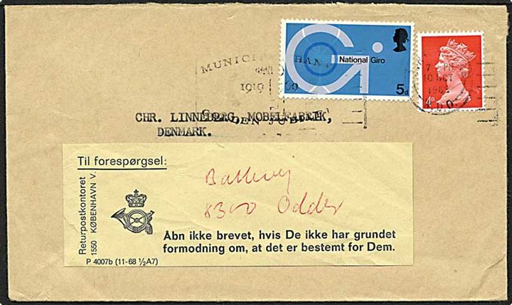 9 pence på brev fra England d. 10.10.1965 til Danmark. Forespurgt og sendt til Odder. Vignet P 4007b (11-68 1/2A7).