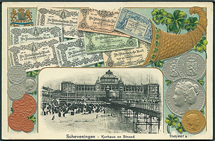 Scheveningen. Kurhotel. Reliefkort med mønter og pengesedler. V. Jacobs no. 4007a
