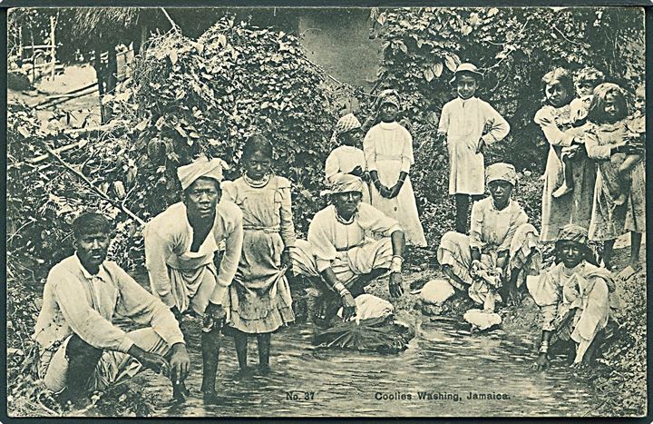 Jamaica. Coolies Washing. Duperly no. 31. Frankeret med 2½d Våben fra Kingston d. 17.8.1911 til København, Danmark.