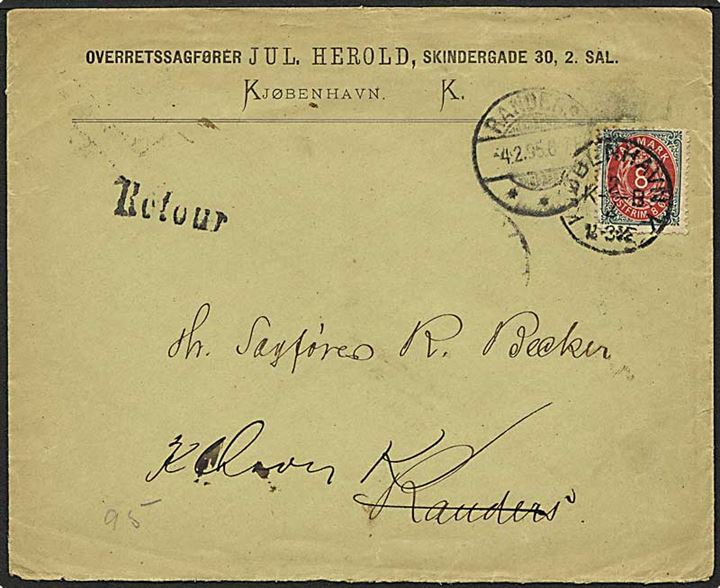 8 øre Tofarvet på brev fra Kjøbenhavn d. 2.2.1895 til Randers. Retur med påtegning: Død for flere år siden.