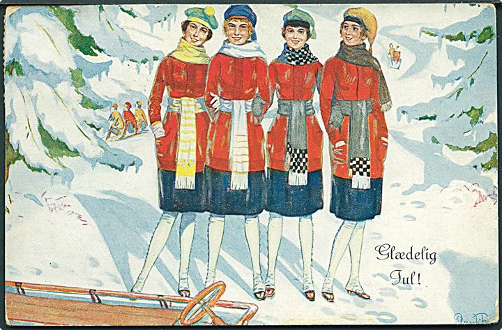 Glædelig Jul. 4 piger i sneen. S. S. W. B. no. 6539. 