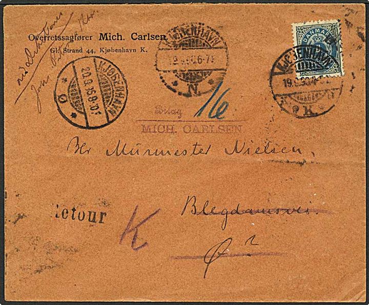 4 øre tofarvet lokalt sendt fra København d. 19.9.1896. Retur som ubekendt med flere stempler - bl.a. Kjøbenhavn K 0.OMB. 20.9.1896 (søndag).