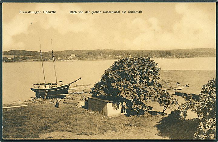 Flensburger Föhrde- Blick von der Grossen Ochseninseln auf Süderhaff. W. Brüshaber, serie Luxusdruck no. 14. 