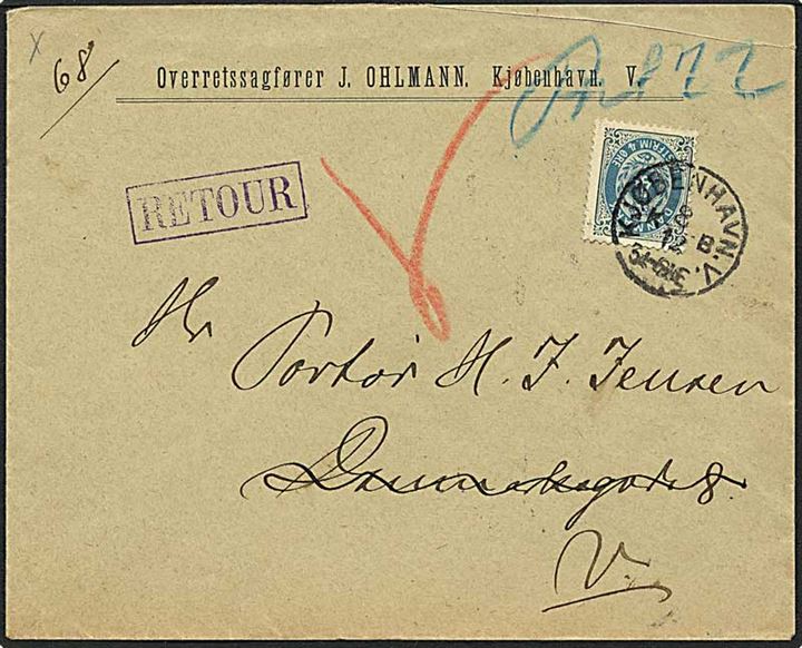 4 øre tofarvet på lokalt brev fra København d. 8.12.1898. Retur med stempel: Ubekjendt efter Adressen.