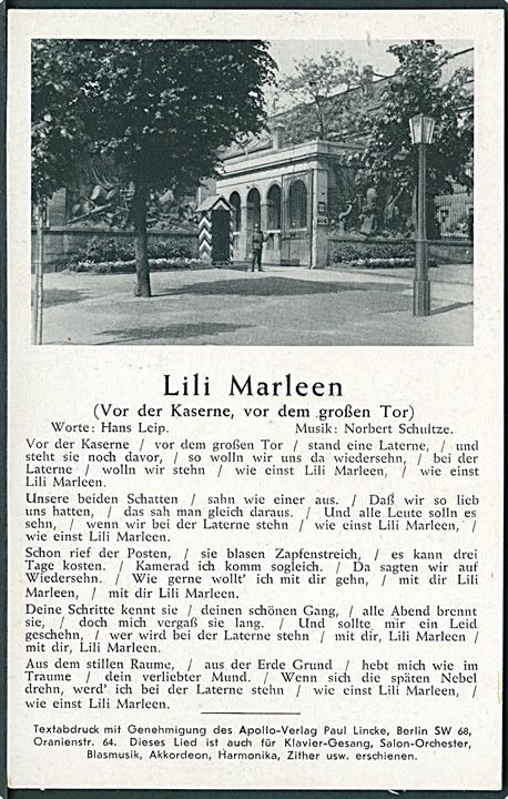 Lili Marleen. (Vor der Kaserne, vor dem grosse Tor). Spezial - Verlag Robert Franke no. 88. 