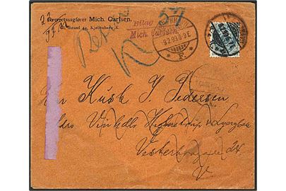 4 øre tofarvet på lokalt brev fra København d. 8.2.1899. Retur med stempel: Flyttet, hvorhen vides ikke.