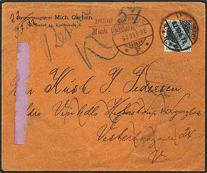 4 øre tofarvet på lokalt brev fra København d. 8.2.1899. Retur med stempel: Flyttet, hvorhen vides ikke.