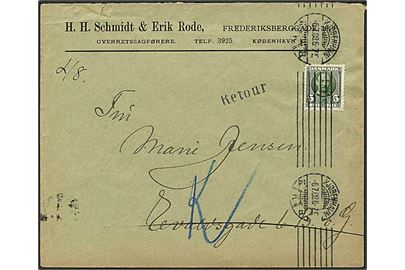 5 øre grøn Fr. VIII på lokalt brev fra København d. 6.7.1908. Retur med stempel: Ubekjendt efter Adressen.