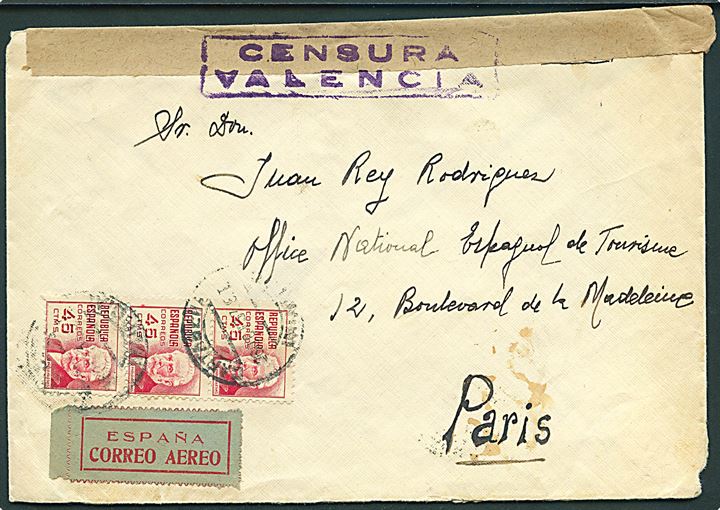 45 cts. Pablo Iglesias i 3-stribe på luftpostbrev fra Cartagena d. 26.10.1937 til Paris, Frankrig. Åbnet af spansk borgerkrigscensur i Valencia.