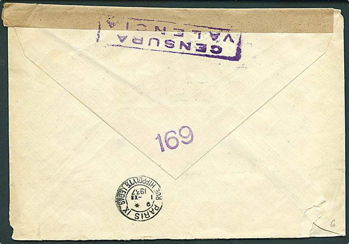 45 cts. Pablo Iglesias i 3-stribe på luftpostbrev fra Cartagena d. 26.10.1937 til Paris, Frankrig. Åbnet af spansk borgerkrigscensur i Valencia.