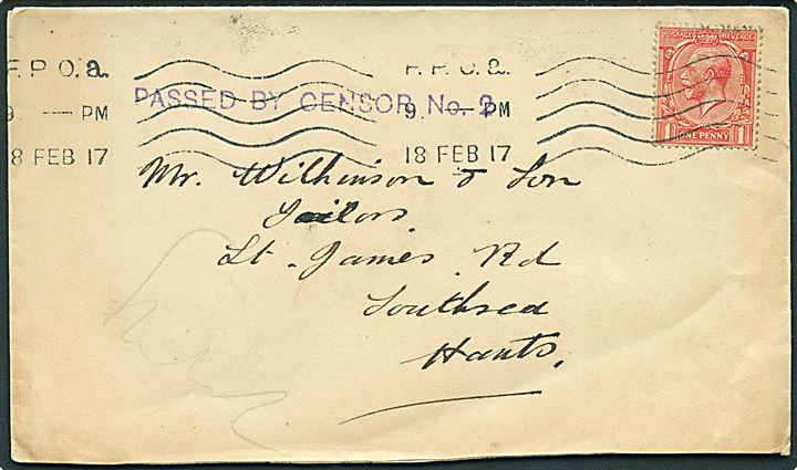 1d George V på brev annulleret med flådepost stempel F.P.O. a (= Fleet Post Office A i Scapa Flow, Orkney) d. 18.2.1917 til Southsea. Violet flåde censurstempel PASSED BY CENSOR No. 2 = HMS Hercules.