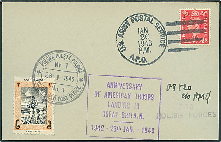 1d George VI annulleret med amerikansk feltpost stempel d. 26.1.1943 og polsk eksil mærkat annulleret med polsk feltpoststempel Nr. 1 d. 28.1.1943 på filatelistisk brevkort til de frie polske styrker i England.