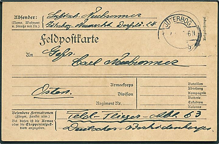 Ufrankeret fortrykt feltpostkort dateret d. 29.4.1916 stemplet Jüterbog fra Luftsch. (Luftschiffer) i Jüterbog-Neumarkt (Zeppelin base) til familiemedlem ved Feld Flieger Abteilung 63 Deutsches BeskidenKorps på Østfronten.  