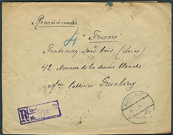 50.000/10 mk. (16) Infla provisorium på bagsiden af anbefalet brev fra Warszawa d. 11.1.1924 til Frankrig.