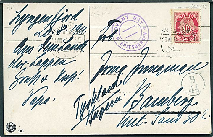 10 øre Posthorn på brevkort (Lap i Norge) dateret Lyngenfjord og stemplet Trondhjem d. 23.8.1911 med violet sidestempel Advent Bay * Spitsbergen * til Bamberg, Tyskland.