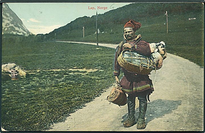 10 øre Posthorn på brevkort (Lap i Norge) dateret Lyngenfjord og stemplet Trondhjem d. 23.8.1911 med violet sidestempel Advent Bay * Spitsbergen * til Bamberg, Tyskland.