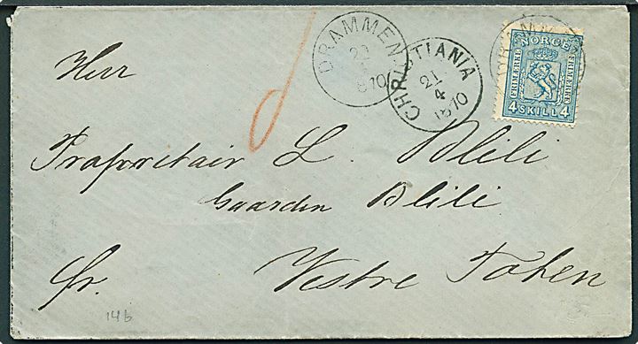 4 sk. Løve på brev annulleret med lapidar Drammen d. 20.4.1870 via Christiania d. 21.4.1870 til Vestre Token.