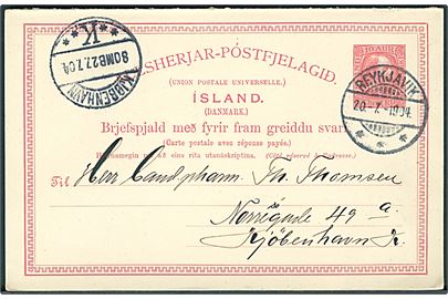 10 aur Chr. IX dobbelt helsagsbrevkort fra Reykjavik d. 20.7.1904 til Kjøbenhavn. Uden meddelelse. Vedhængende ubenyttet svardel.