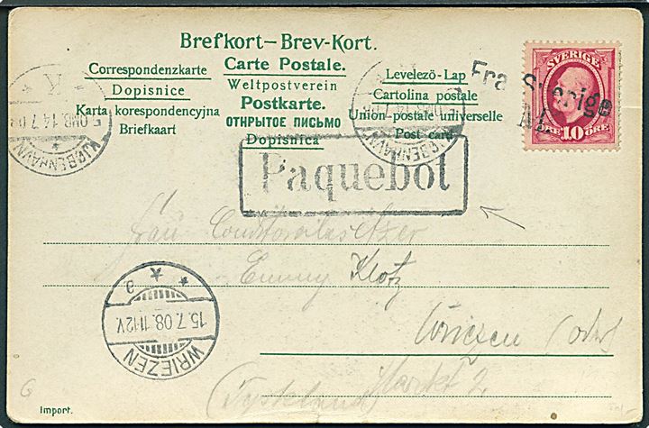10 öre Oscar II på brevkort fra Malmö annulleret med skibsstempel Fra Sverige M. og sidestemplet Paquebot og Kjøbenhavn d. 14.7.1908 til Weiezen, Tyskland.
