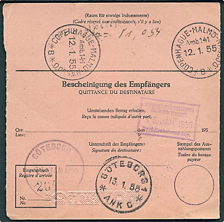 40 pfg. Heuss på international postanvisning fra Karlsruhe d. 11.1.1955 til Göteborg, Sverige. På bagsiden transit stemplet med svensk bureaustempel: Copenhague - Malmö - Nässjö Amb. 141 d. 12.1.1955.