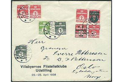 1 øre, 2 øre og 5 øre Bølgelinie, heraf 2 øre Bølgelinie i fireblot med udstillingstiltryk V.F. Udstilling 23.-25. April 1938, på brev fra Hellerup d. 24.4.1938 til Oslo, Norge. Rift i overkanten.