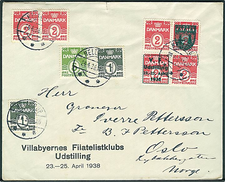 1 øre, 2 øre og 5 øre Bølgelinie, heraf 2 øre Bølgelinie i fireblot med udstillingstiltryk V.F. Udstilling 23.-25. April 1938, på brev fra Hellerup d. 24.4.1938 til Oslo, Norge. Rift i overkanten.