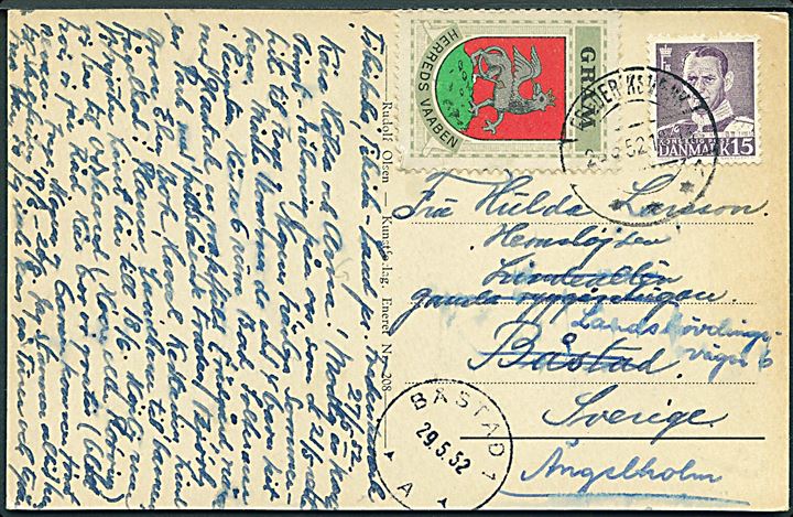 15 øre Fr. IX og Grenaa Herreds Vaaben mærkat på brevkort fra Frederiksværk d. 27.5.1952 til Båstad, Sverige - eftersendt til Ångelholm.