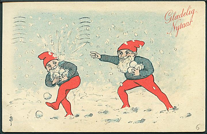 10 øre Bølgelinie på julekort (CJB (?): Nisser i snekamp) annulleret med maskinstempel i Fredericia d. 30.12.1938 og sidestemplet med posthornstempel JEGERUP (VOJENS) til Hammelev.