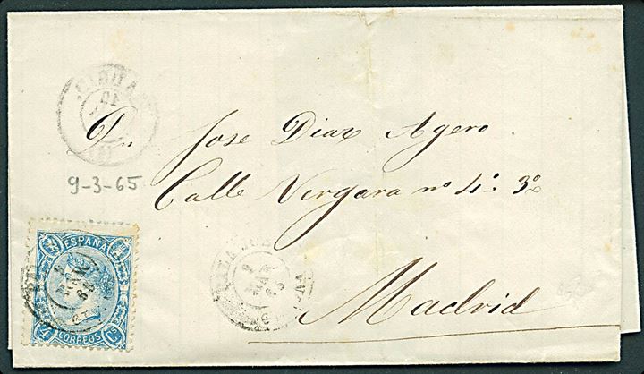 4 cts. Isabella II på brev annulleret med svagt stempel d. 9.3.1865 til Madrid.