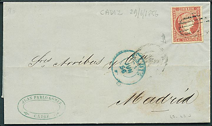 4 cs. Isabella utakket på brev annulleret med stumt stempel fra Cadiz d. 29.6.1856 til Madrid.