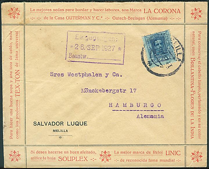 40 cts. Alfonso XIII på illustreret firmakuvert fra Melilla d. 21.9.1927 til Hamburg, Tyskland. Melilla er en lille spansk enklave i det nordlige Marokko.