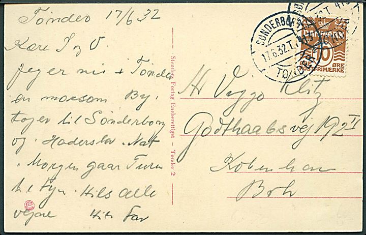 10 øre Bølgelinie på brevkort (Uldgade, Tønder) annulleret med bureaustempel Sønderborg - Tønder sn2 T.1413 d. 17.6.1932 til København.