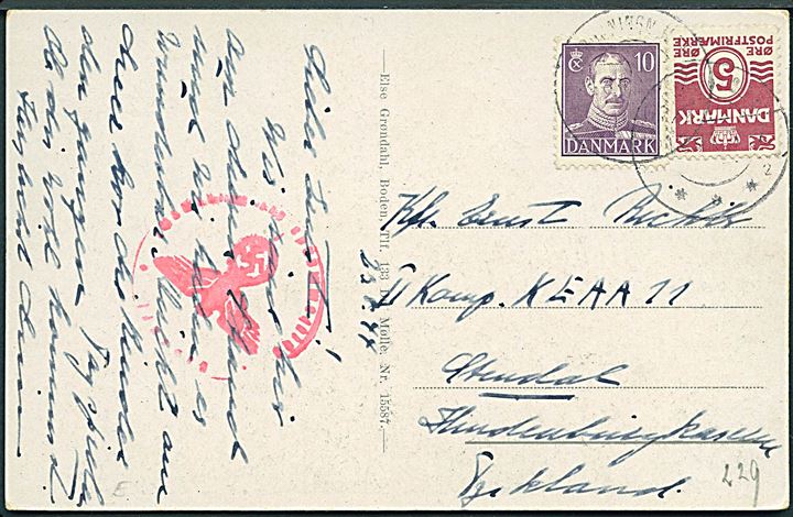 5 øre Bølgelinie og 10 øre Chr. X på brevkort fra Dronningmølle d. 24.8.1944 til chauffør ved KEAA 11 (= Kraftfahr-Ersatz- und Ausbildungs-Abteilung 11) i Stendal, Tyskland. Tysk censur fra Hamburg.