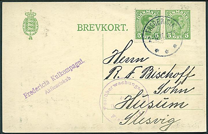 5 øre Chr. X helsagsbrevkort opfrankeret med 5 øre Chr. X fra Fredericia d. 2.11.1916 til Husum, Schleswig. Tysk censur fra Hamburg.