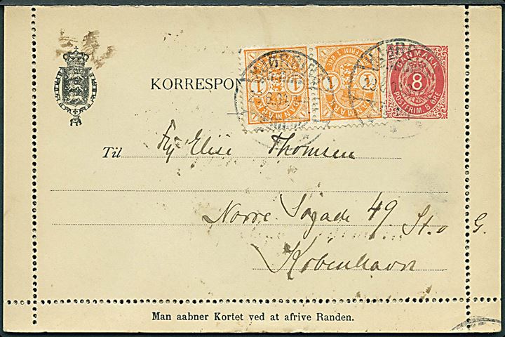 8 øre helsags korrespondancekort med fuld rand opfrankeret med 1 øre Våben i parstykke dateret Løkken og stemplet Hjørring d. 23.6.1904 til København.